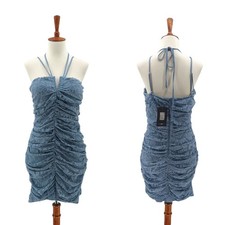 Fashion Nova Women L Wish and Desire Dress Dusty Blue Ruched Lace Halter Bodycon