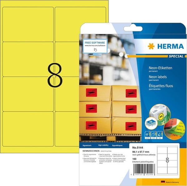 Herma 5144 Farbige Etiketten Neon Gelb, 20 Blatt, 99,1 X 67,7 Mm, 8 Pro A4 Bogen-image