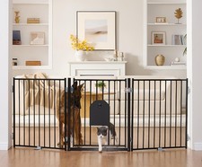 Dog Gate with Cat Door, Standing 30'' Tall Foldable Dog Fence for Indoor  Ou...