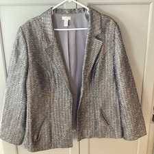 Chico's Acrylic Shine Tweed Metallic Silver Hook LinedJacket Size 4 Zip Pocket
