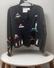 Vtg Michael Simon Lite Embroidered Cardigan Lighthouses Sailboats Lady's SMALL