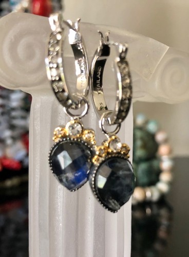Pangea Mines Rainbow Moonstone /Black Onyx and White Topaz Doublet Drop Earrings - Picture 11 of 11