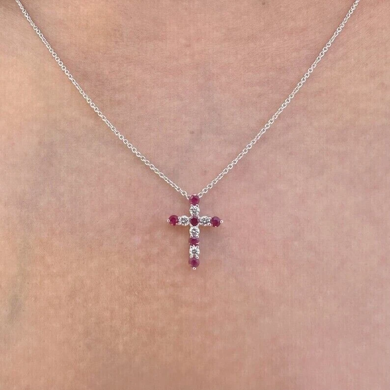Round Lab Created Ruby Cross Daily Wear Pendant Necklace 14K White Gold Plated - Image 3 of 4