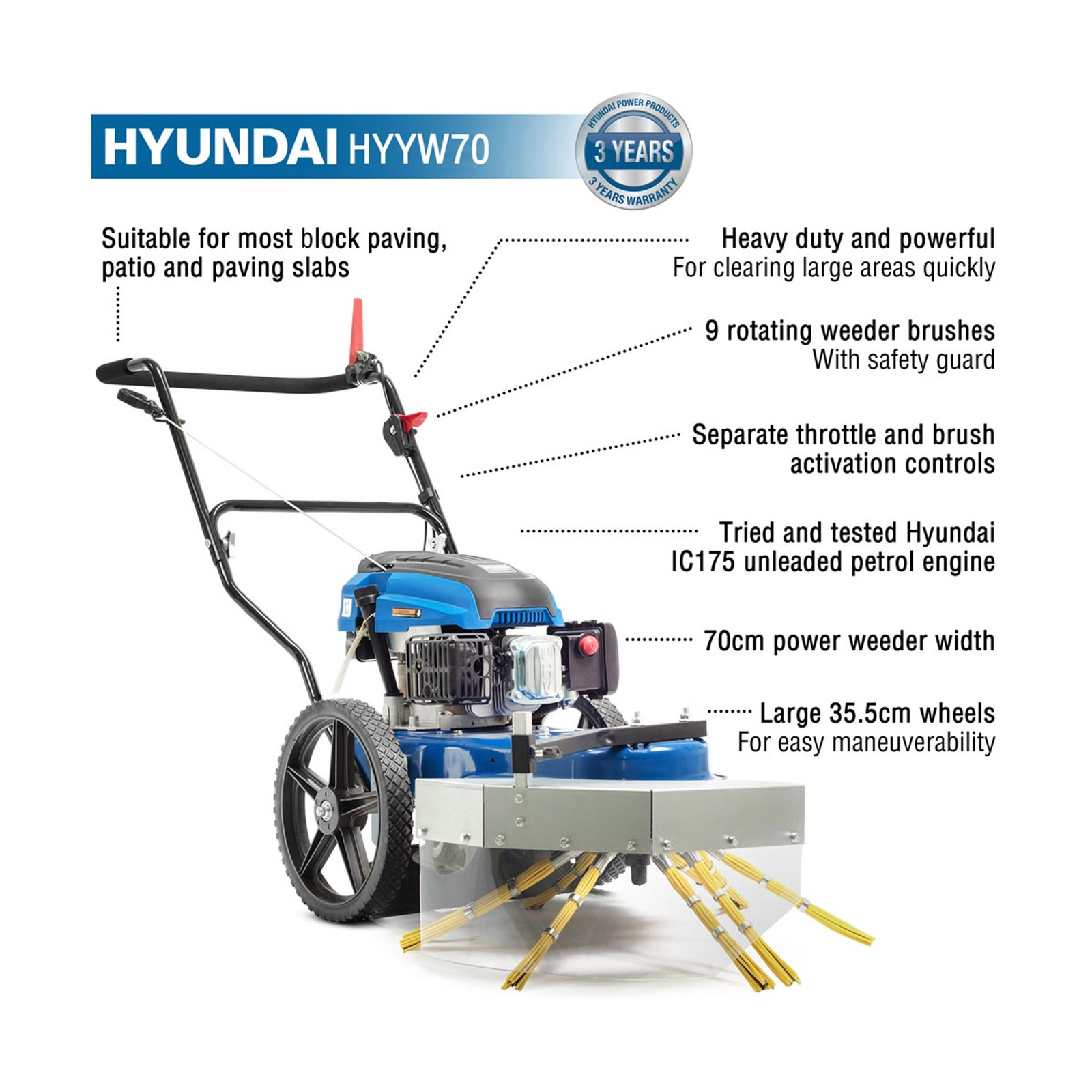 Hyundai HYYW70 Petrol Power Weeder Ripper Moss Remover Path Sweeper