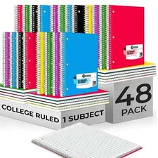48 Pack 1 Subject Spiral Notebook College Ruled Bulk 140 Pages 70 Sheets Thic...