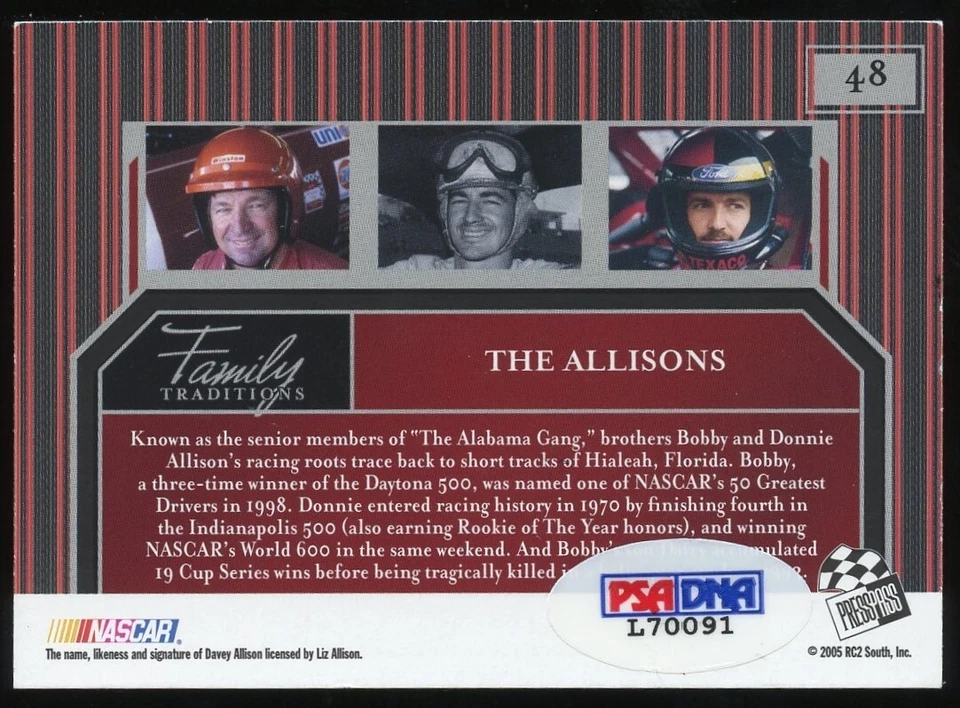 Tarjeta de pase de prensa NASCAR 2005 autógrafo firmado por Bobby & Donnie Allison certificado PSA Foto 2 de 3
