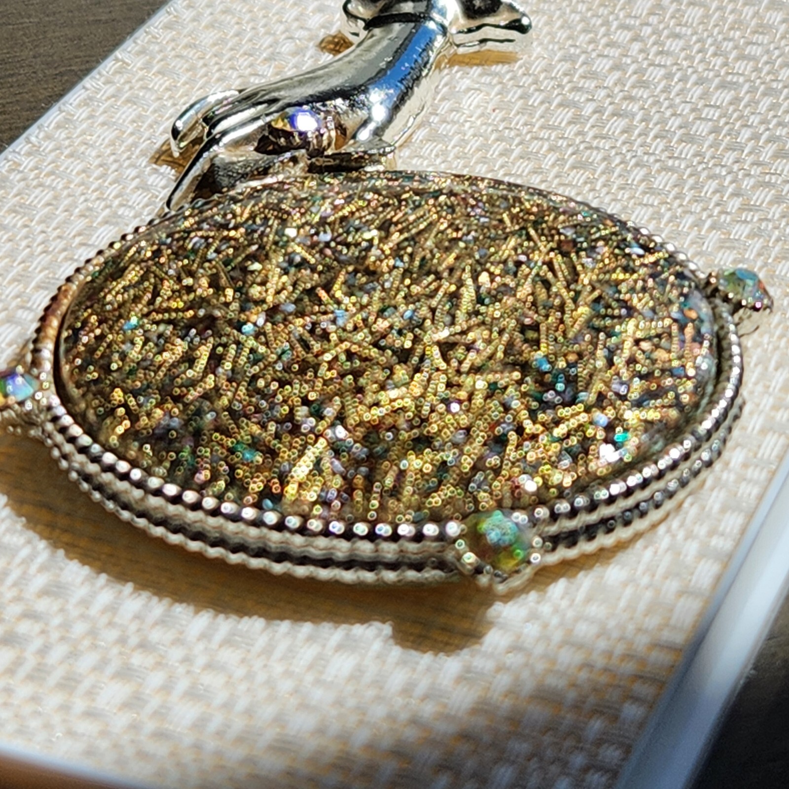 Vintage  Miniature Silver Glitter Rhinestones Hand Mirror 4”