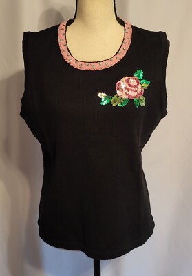 Storybook Knits Vest Tank Top Black & Pink Sequin Rose M 50's Retro NWT Flaw