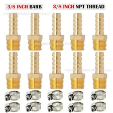 (10 Pack) 3/8" Hose Barb X 3/8" MALE NPT Brass Pipe Fitting NPT Thread + Clamps