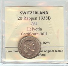 Switzerland - Helvetia - 20 Rappen 1938B AU * Cert: 3617