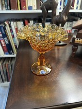 Vintage Fenton Amber Glass Thumbprint Ruffled Edge Pedestal Compote Candy Dish