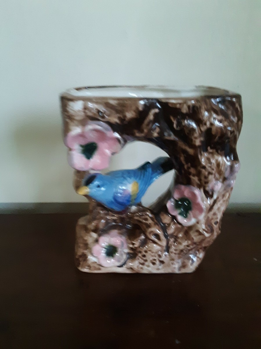 Vintage Ceramic Hand decorated Bluebird/Pink Flowers Planter