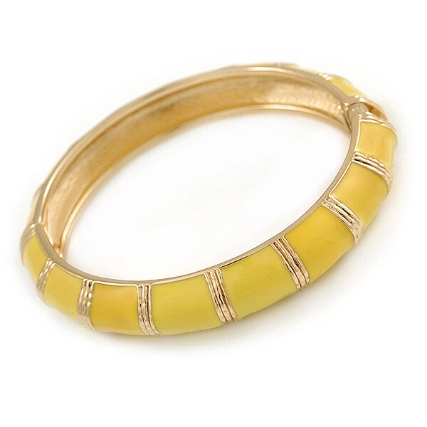 Stylish Enamel Hinged Bangle In Gold Tone Lemon Yellow 19cm Medium