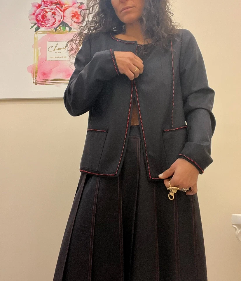 Juego de chaqueta y falda CHANEL con adorno de diamantes de imitación cuchillo plisado falda 42 Foto 3 de 4