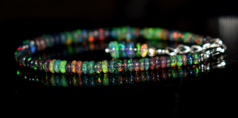 Opal Bracelet Ethiopian Black Opal Gemstone Fire Beads 7.5"Bracelet F1720 - Image 4 of 4