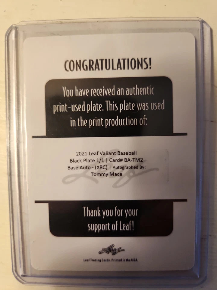 2021 Leaf Valiant Baseball TOMMY MACE 1/1 Black Plate rookie auto-Guardians - Image 2 of 2