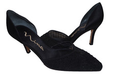 F Nina Black Mesh Rhinestone Dress Shoes 7 M 37 Black Solid Satin Heels Pumps