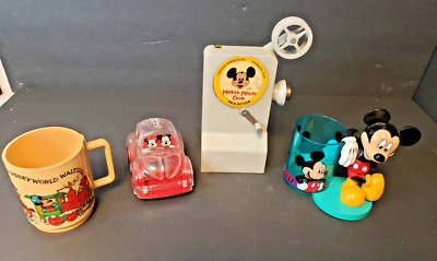 Lot 4 Mickey Mouse Projector Car Bank & 2 Cups Donald Duck Minnie Pluto Vintage