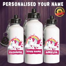 PERSONALISED CUSTOM UNICORN RAINBOW YOUR NAME WATER BOTTLE KIDS SCHOOL GIFTS