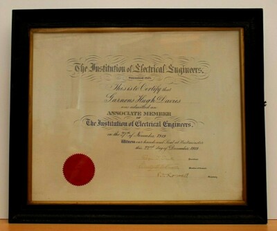 Antikes gerahmtes & verglastes Zertifikat Institution der Elektroingenieure, 1919 
