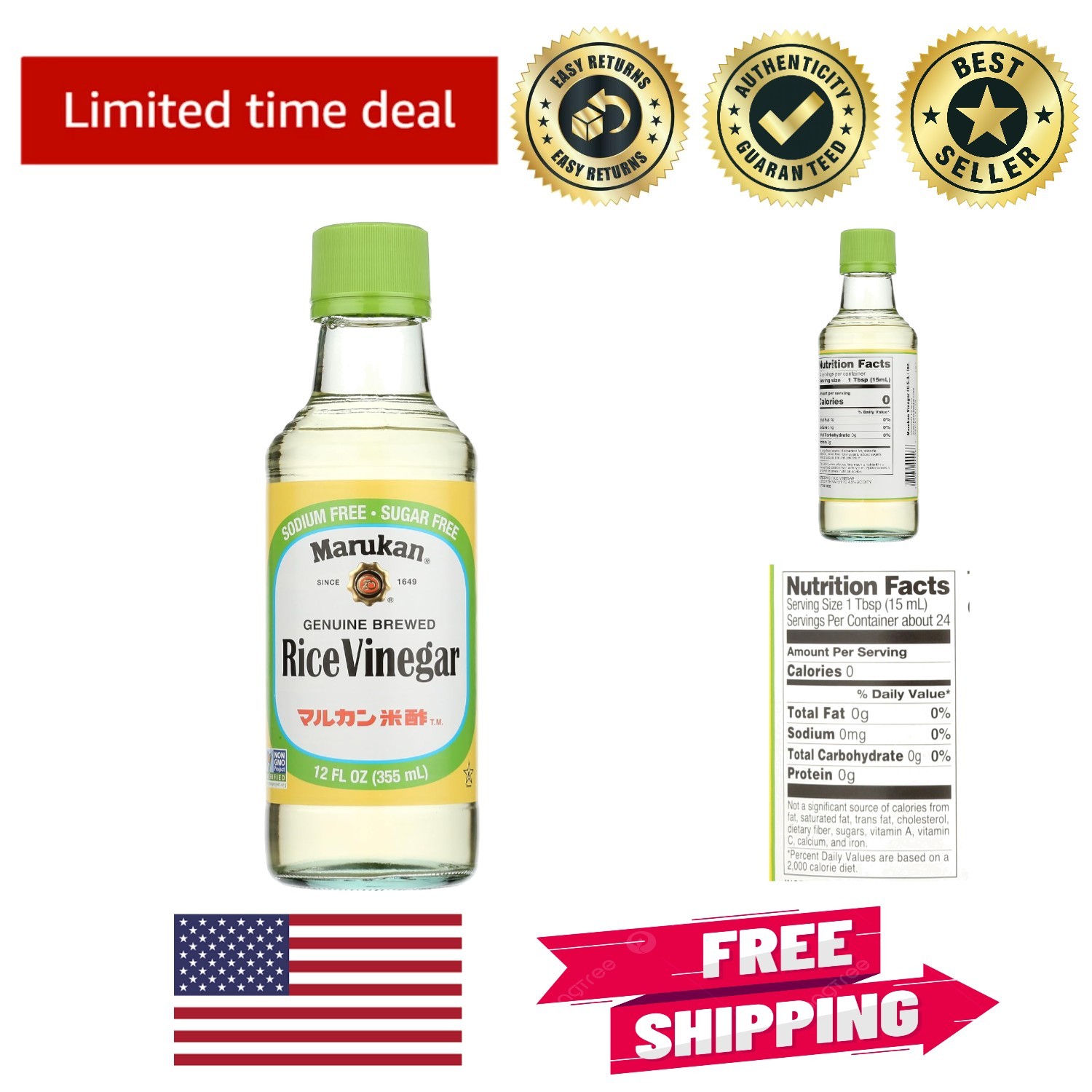 12 Oz Genuine Brewed Rice Vinegar - Perfect for Salads, Mari