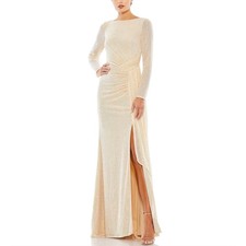 Mac Duggal 26175 Women's Dress Size 10 Pearl Gold Sequin Long Sleeve Column Gown