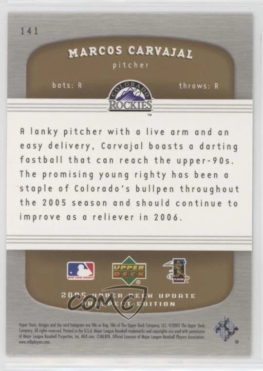 2005 Upper Deck Update Gold /150 Marcos Carvajal #141 Rookie RC - Image 2 of 2