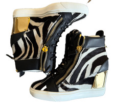 Giuseppe Zanotti Lorenz wedge sneaker zebra pony skin gold zipper original packaging new 39.5