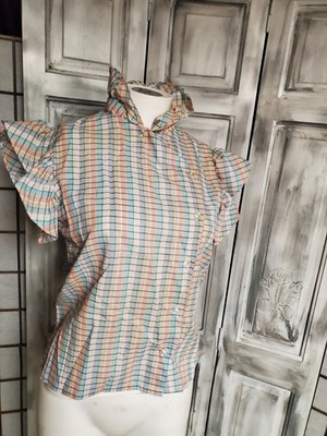 S Vtg Ultimate 80s Blouse Top Shirt  Ruffle Summer Flutter Sleeve Plaid Rainbow 