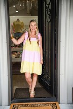 NEW Meet me in Santorini Yellow Pink Gingham Strappy Tiered Bella Dress Lined M