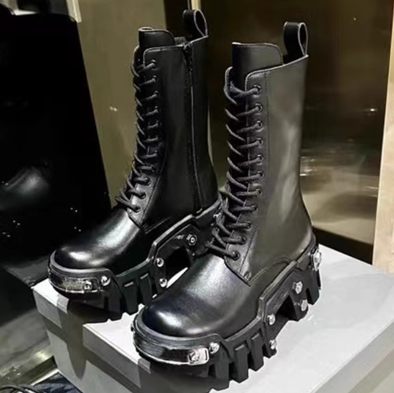 Botas al tobillo altas de cuero sintético para hombre con cordones plataforma de motociclista zapatos de motocicleta