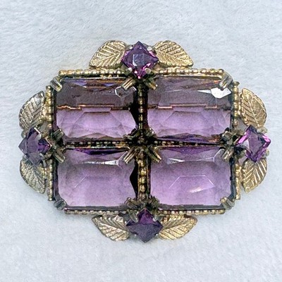 Mid Century Czech Purple Glass Brooch, Gold Tone Cast Metal, Collector Piece