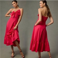 Anthropologie Hutch Dress Bow-Front Midi Strapless in Magenta Pink