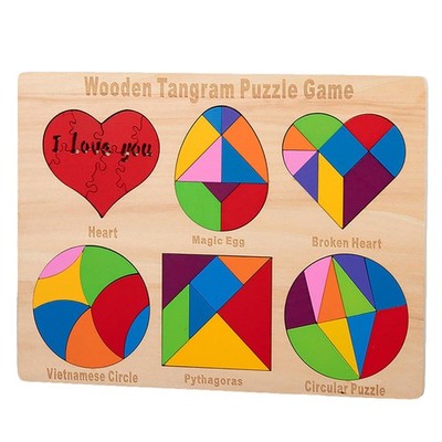 6 In 1 Geometric Wooden Blocks Puzzle Brain Teaser Tangram Pattern Board Toy