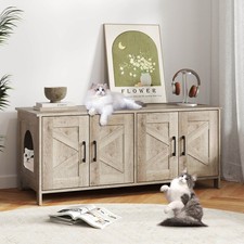 Cat Litter Box Enclosure for 2 Cats w/ Double Rooms Wooden Cat Washroom Cabinet