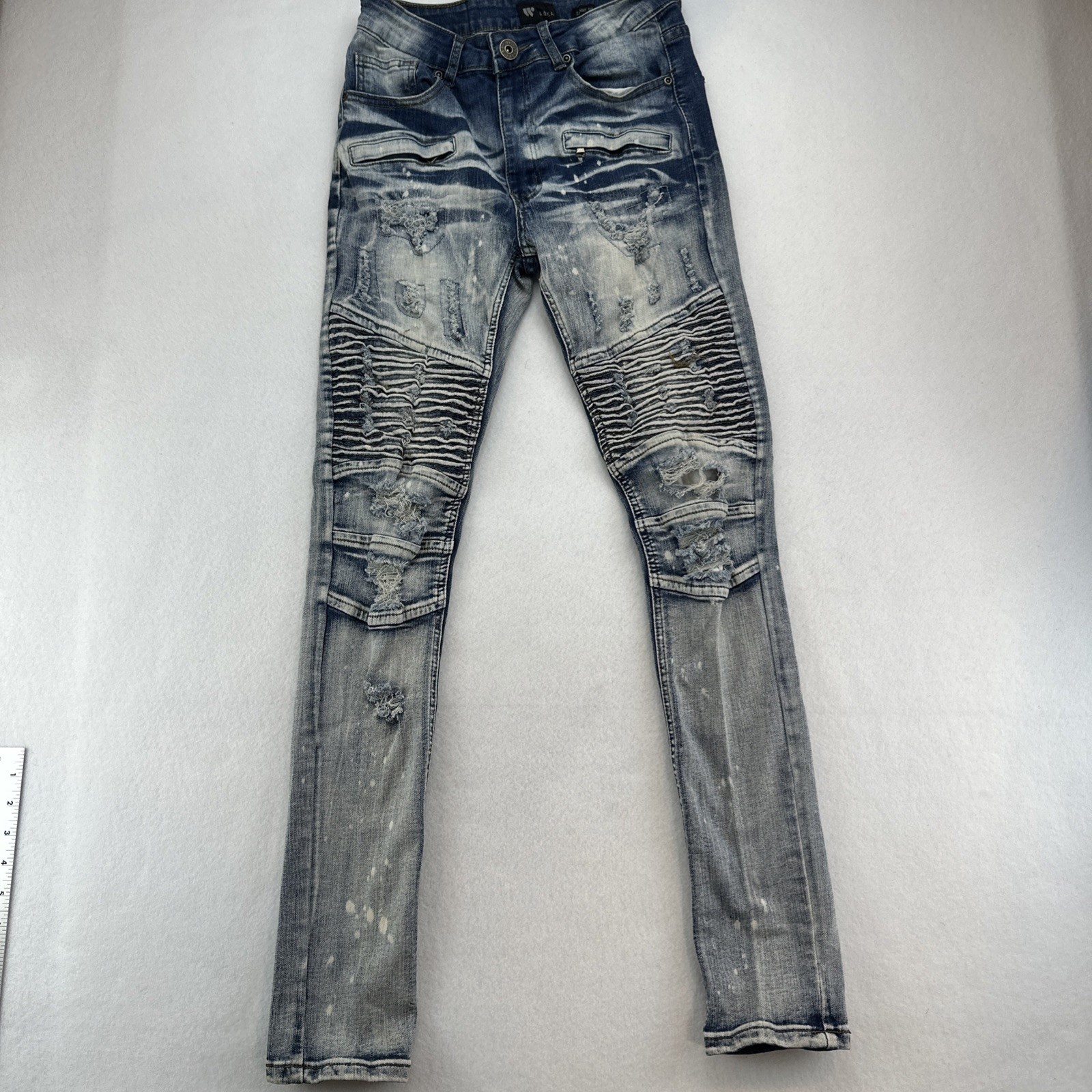 Men's Skinny Fit Blue Stonewash Stacked Distress Stretch Siz