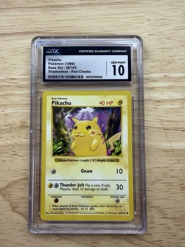 CGC 10 Pikachu Red Cheeks Base Set Shadowless Card 058/102