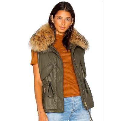 #ad SAM NY Raccoon Fur Hood Khaki Wax Vest Small $300.00