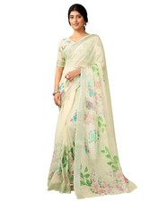 Women's Cotton Linen Printed 1 Minute Ready to Wear Saree With Blouse Piece