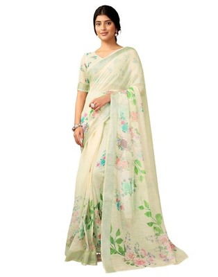 Women's Cotton Linen Printed 1 Minute Ready to Wear Saree With Blouse Piece