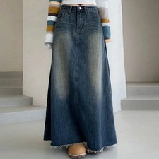 M Size Denim Long Skirt - Vintage Wash  Raw Hem
