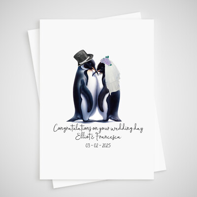 Personalised Penguin Wedding Card Congratulations Wedding Day Bride Groom
