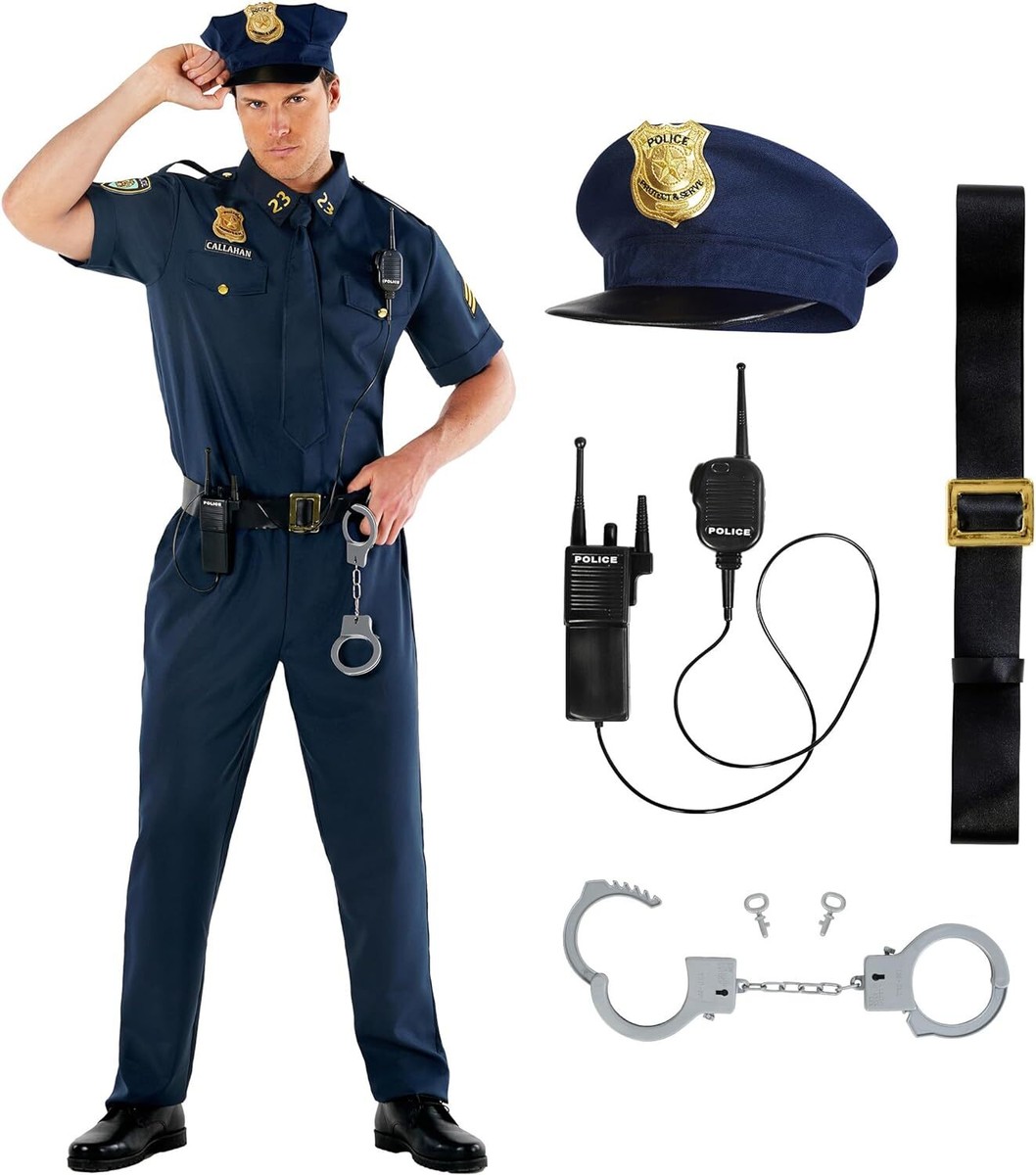 Men`s Police Officer Costume Adult Patrol Cop Uniform Hat Accessories M  2XL