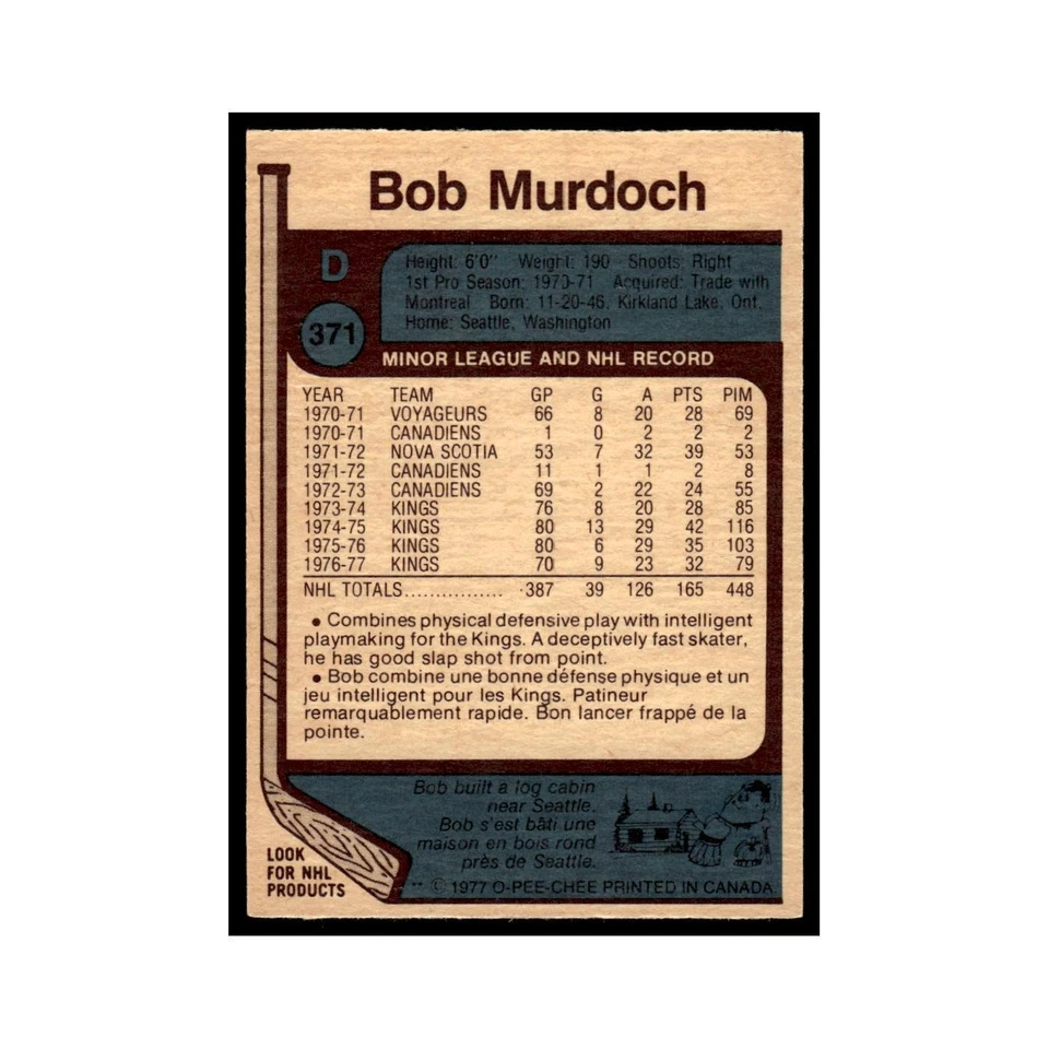 Bob Murdoch 1977 O-Pee-Chee #371 Los Angeles Kings Hockey Card EX - Image 2 of 3