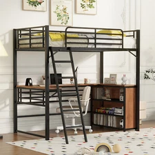 Twin/Full Size Metal Loft Bed Metal Bed Frame with L-Shaped Desk White/Black