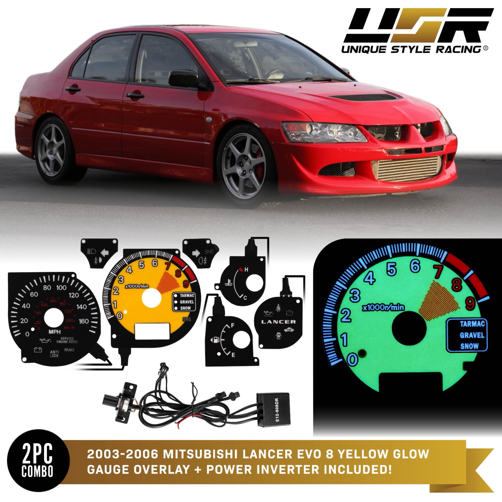 Ferrari Style Glow Gauge YELLOW Overlay For 03-06 Mitsubishi Lancer EVO 8