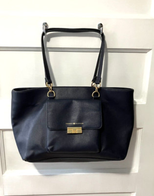 Vintage 90s Tommy Hilfiger Tote Bag Large Navy Blue Y2K Vegan Leather 128 READ