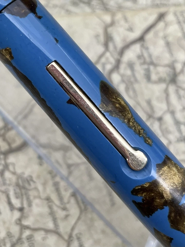 VINTAGE SAGER FOUNTAIN PEN ROBINS EGG BLUE BRONZE BARREL OF INK SACKLESS 14K F - Image 4 of 4