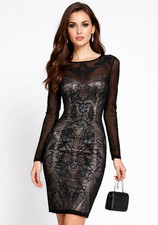 Lipsy VIP Black Bodycon Pencil Dress Size 10 Long Sleeve Party Occasion Mesh