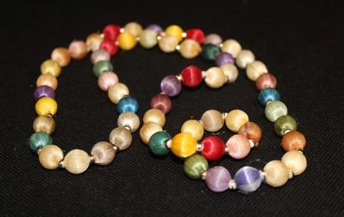 Vintage Multi Colored Silk Wrapped Bead Long Necklace w/Gold Tone Spacers 30" - product listing photo